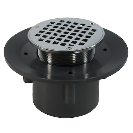 Jones Stephens 2in. x 3in. Heavy Duty PVC Slab Drain Base with 3-1/2in. Metal Spud and 6in. Chrome Plated Strainer D49365